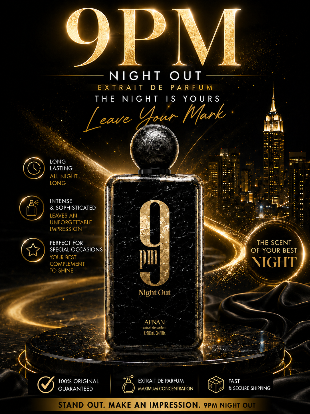Afnan 9PM Night Out Extrait de Parfum 100ml | Dragon Fruit Suede & Tonka Unisex Fragrance | Ships USA