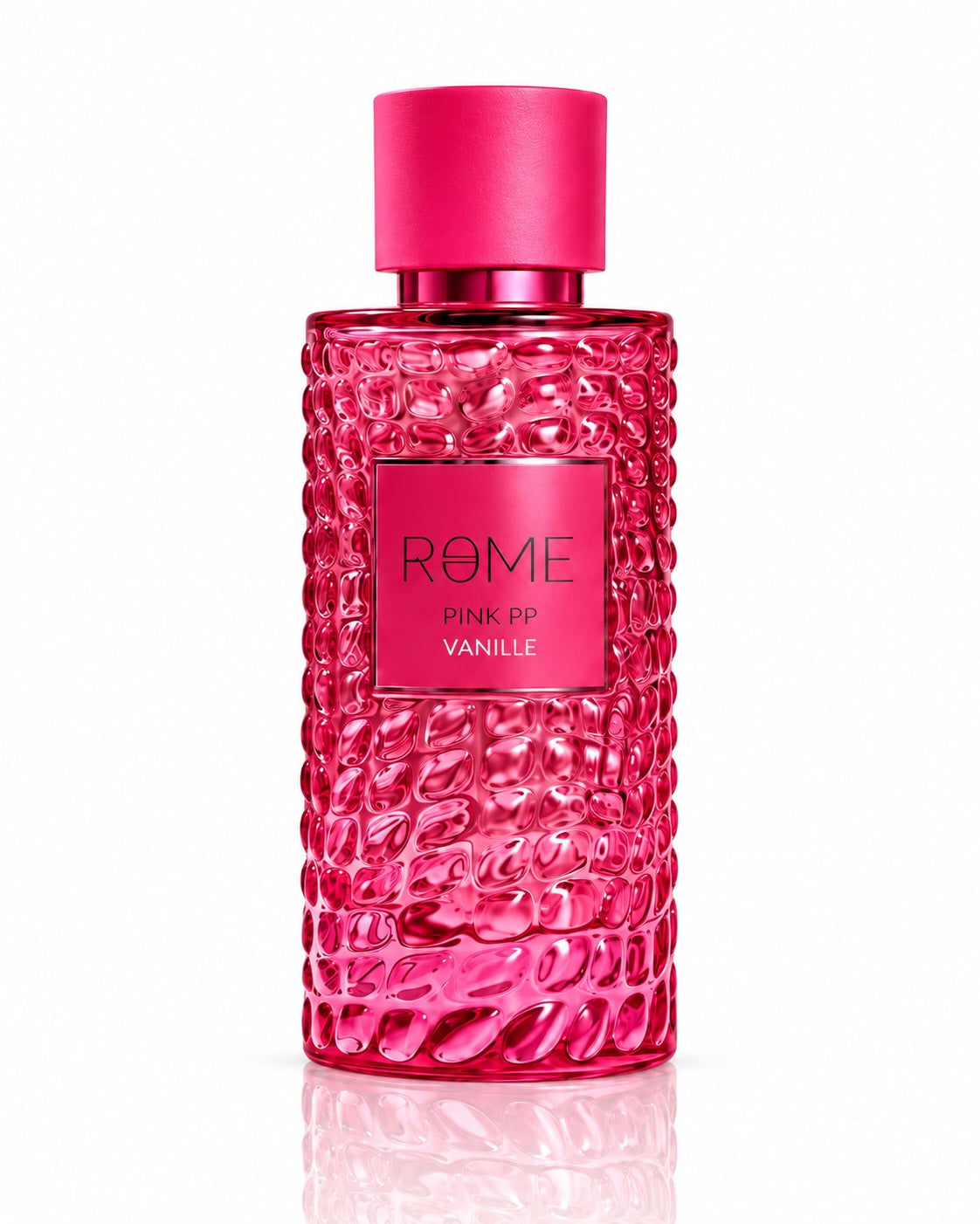 Rome Pink PP Vanille Eau de Parfum 100 mL bright pink bottle on white reflective background