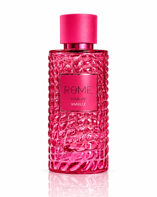 Rome Pink PP Vanille Eau de Parfum 100 mL bright pink bottle on white reflective background